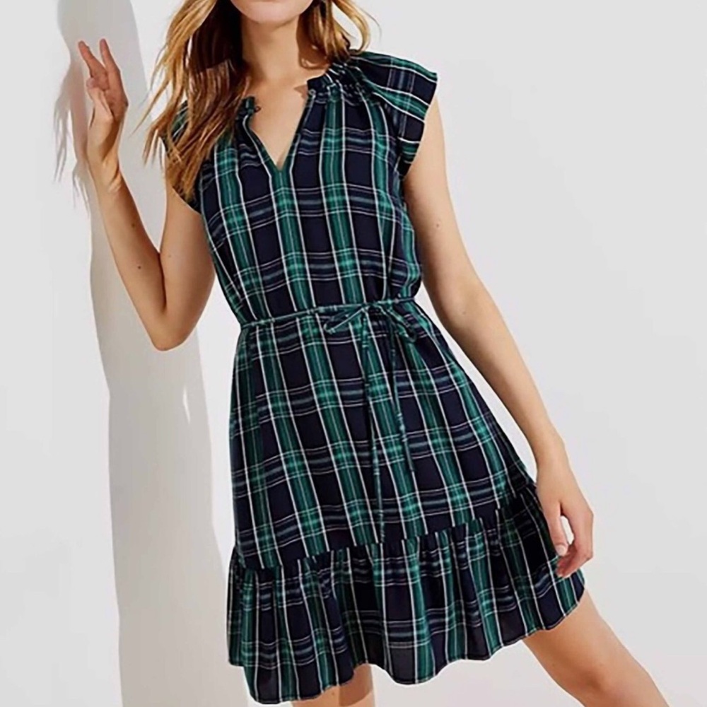 LOFT Blue and Green Pleated Sundress with Flutter Sleeves